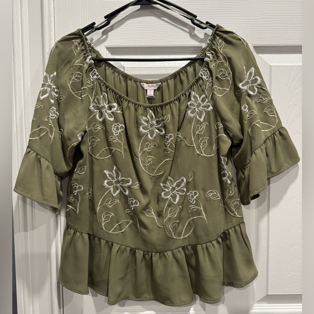 Candie's Olive Blouse with White Floral Embroidery